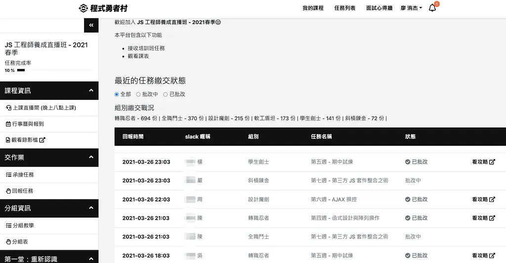 專門平台可以看到大家交作業的情況